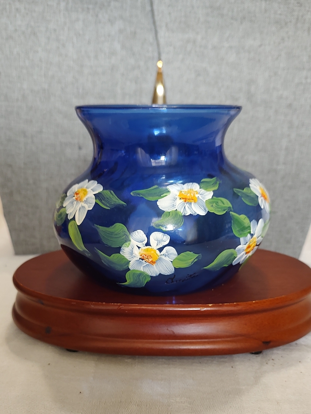 Indiana Glass Cobalt Blue 4" Wide Mouth Bouquet Vase, Illusions Pattern, Painted